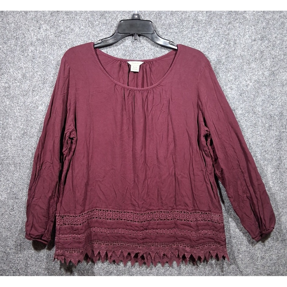 Ariat Womens Burgundy‎ Crochet Lace Trim Peasant Blouse Long Sleeve XL 10021055